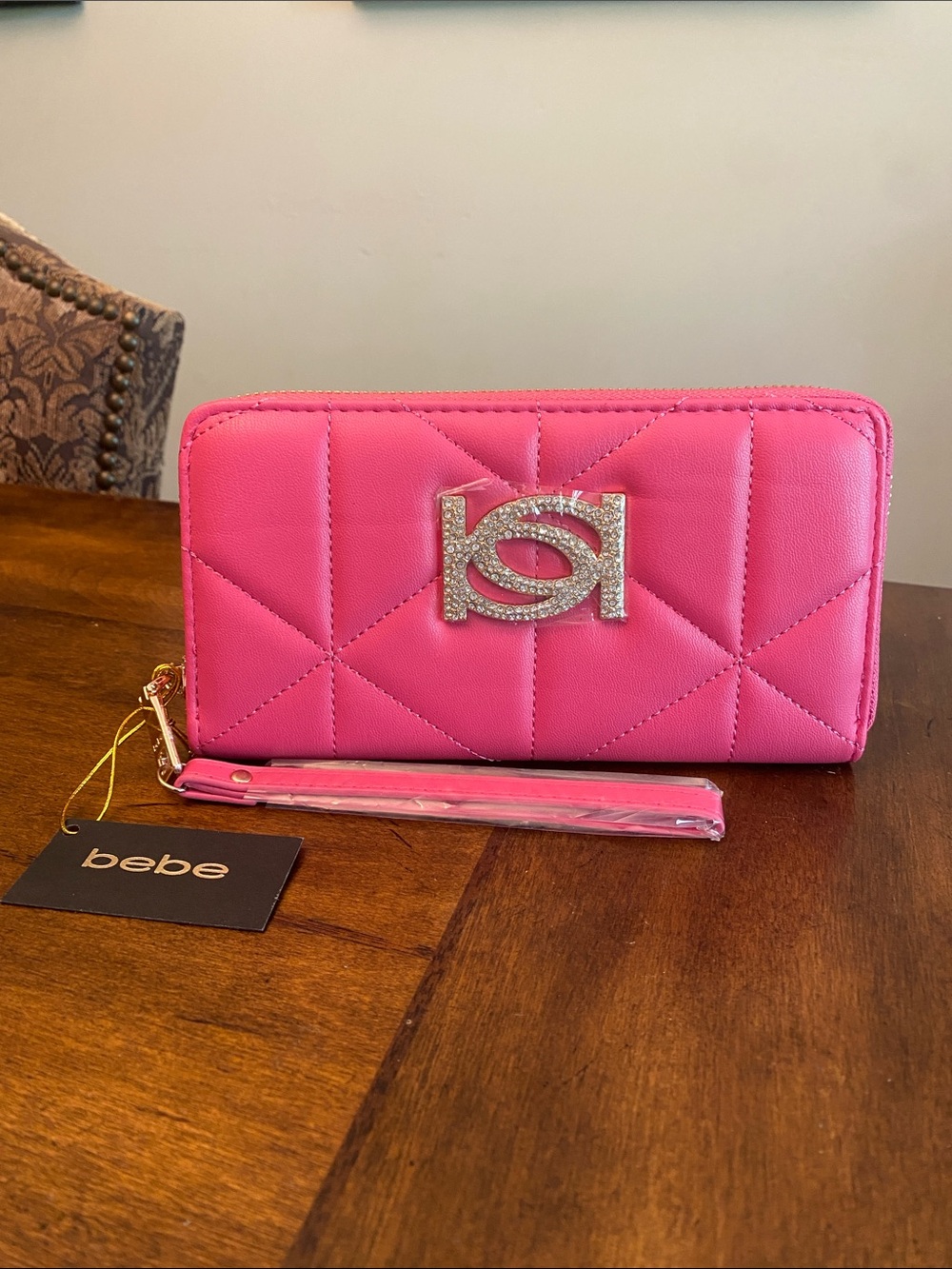 bebe Zara Hot Pink Quilted Zip-Around Wallet Wristlet with Rhinestone Logo 🆕
